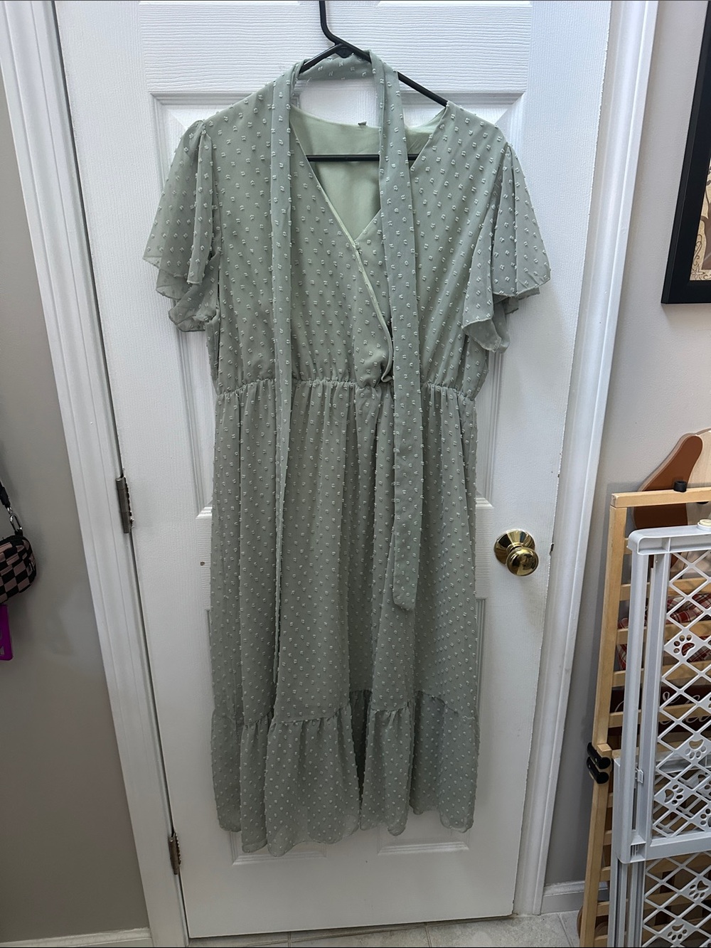 Sage Green Swiss Dot Tie-Neck Maternity Dress